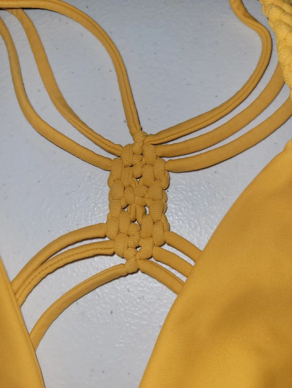 Beach Babe, Saffron Yellow Triangle Bikini Top with Intricate Braided Straps, M
